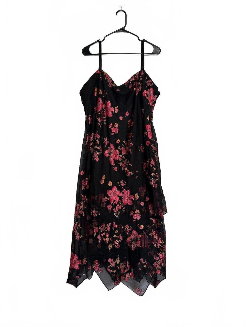 Black and Pink Floral Print Handkerchief Hem Long Slip Dress